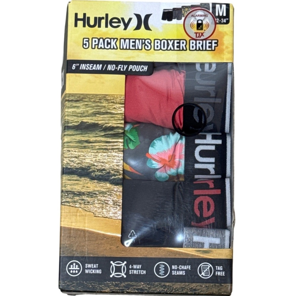 Hurley 5 Pack Mens‎ Boxer Brief Underwear 6 Inch Inseam No Fly Pouch M 32-34